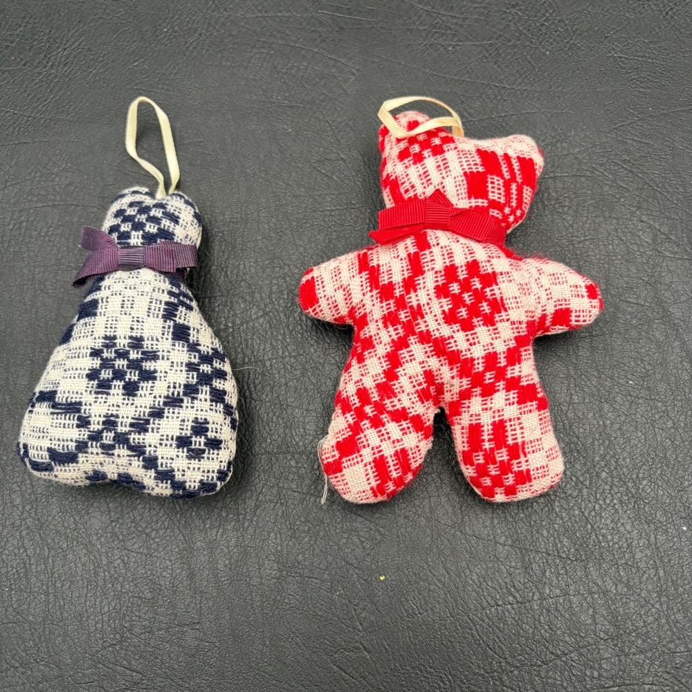 Vintage‎ Handmade Fabric Ornaments Set of 2 Teddy Bear Doll Navy Woven Folk Art